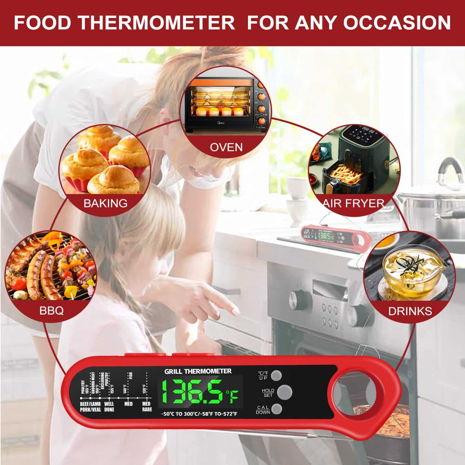 3 in 1 Digital Meat Thermometer, Instant Read Food Thermometer with 2 Detachable Wired Probe, Calibration, Alarm Function, LCD Backlight for Grilling, Cooking, BBQ, Kitchen