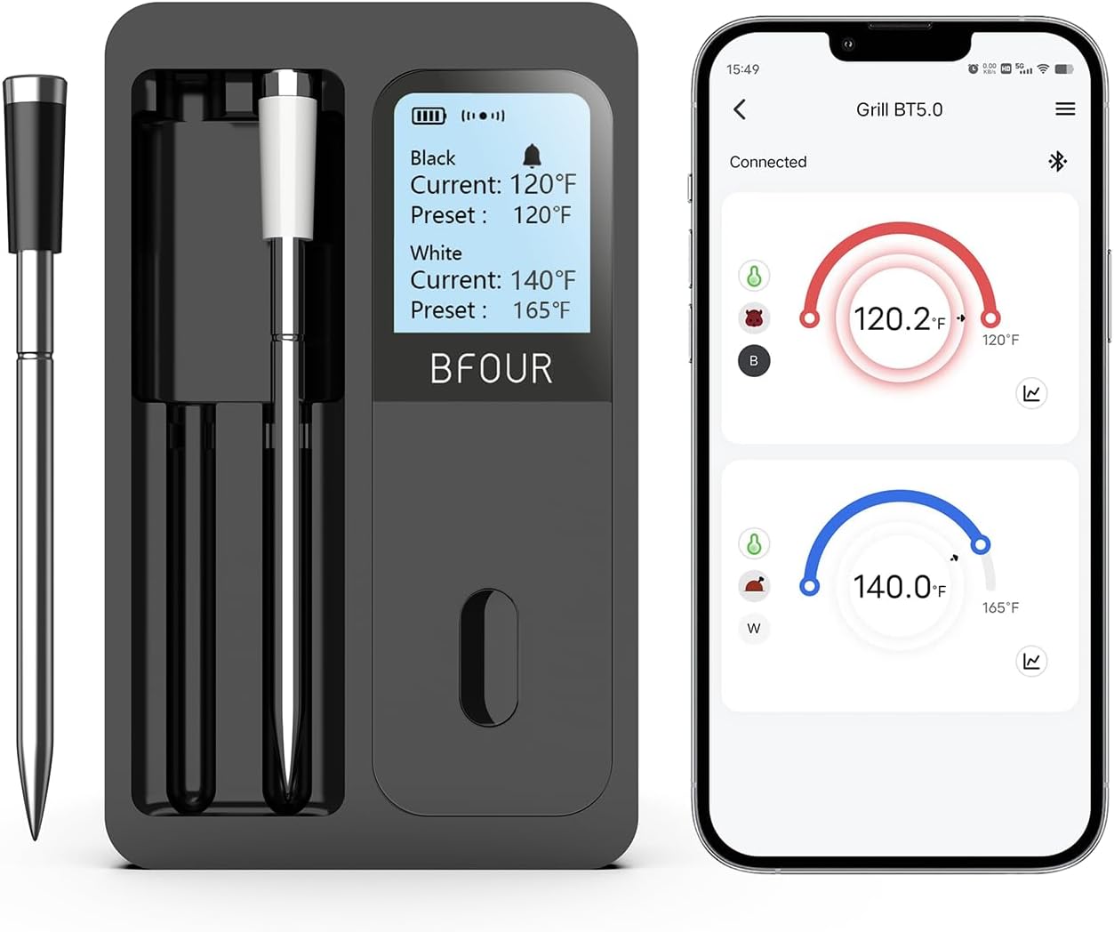 BFOUR Wireless Meat Thermometer with 2 Meat Probes, 328FT Smart Wireless Bluetooth Meat Thermometer with LCD Screen Booster, Meat Thermometer for Grilling Smoker BBQ Oven Rechargeable