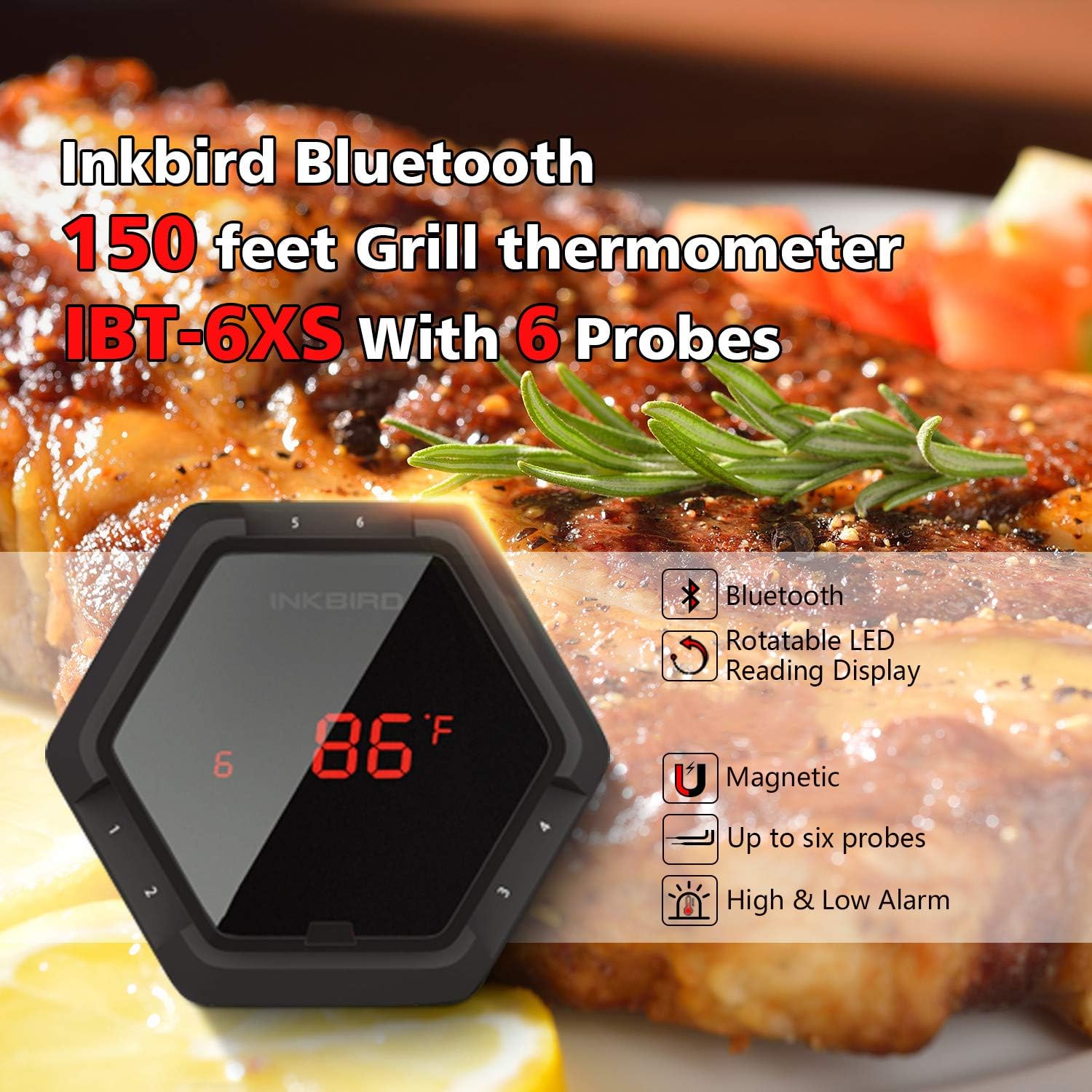 Inkbird Grill Bluetooth BBQ Thermometer Wireless IBT-6XS, 6 Probes Digital Smoker Grill Thermometer for Cooking,150ft Bluetooth Meat Thermometer, Magnet, Timer, Alarm for Kitchen, Food (Black)