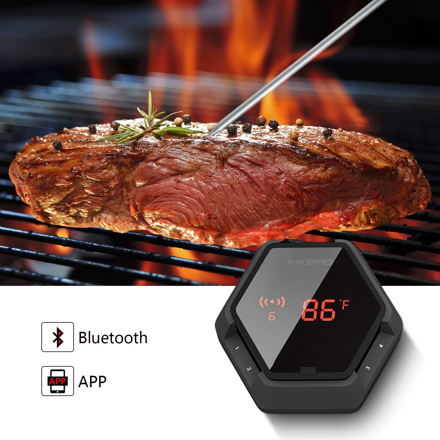 Inkbird Grill Bluetooth BBQ Thermometer Wireless IBT-6XS, 6 Probes Digital Smoker Grill Thermometer for Cooking,150ft Bluetooth Meat Thermometer, Magnet, Timer, Alarm for Kitchen, Food (Black)