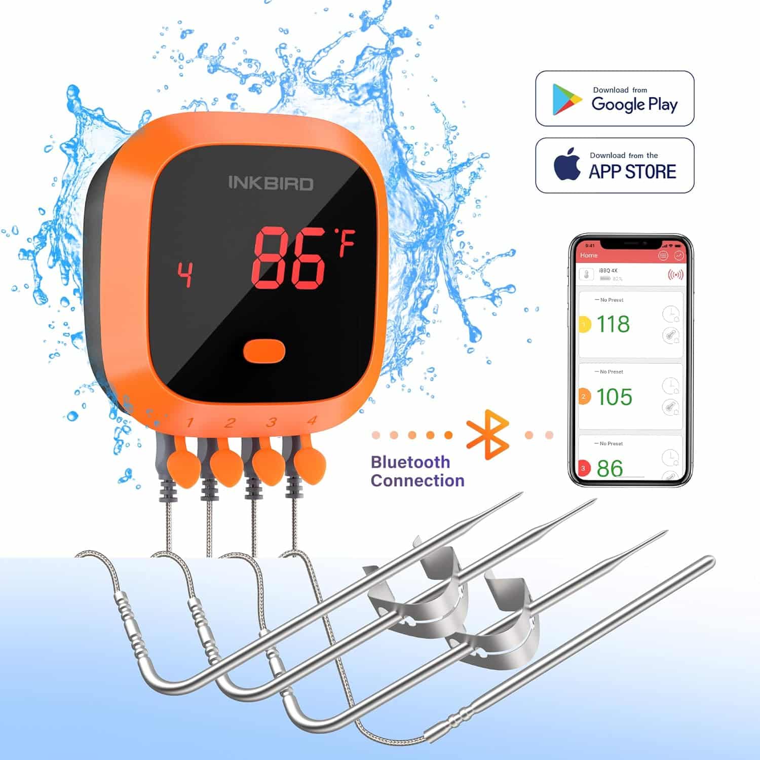 Inkbird Waterproof 150 FT Bluetooth Meat Thermometer IBT-4XC with Magnet, Timer, Alarm and 4 Probes, BBQ Grill Digital Wireless Meat Thermometer for Cooking, Smoker, Kitchen, Oven