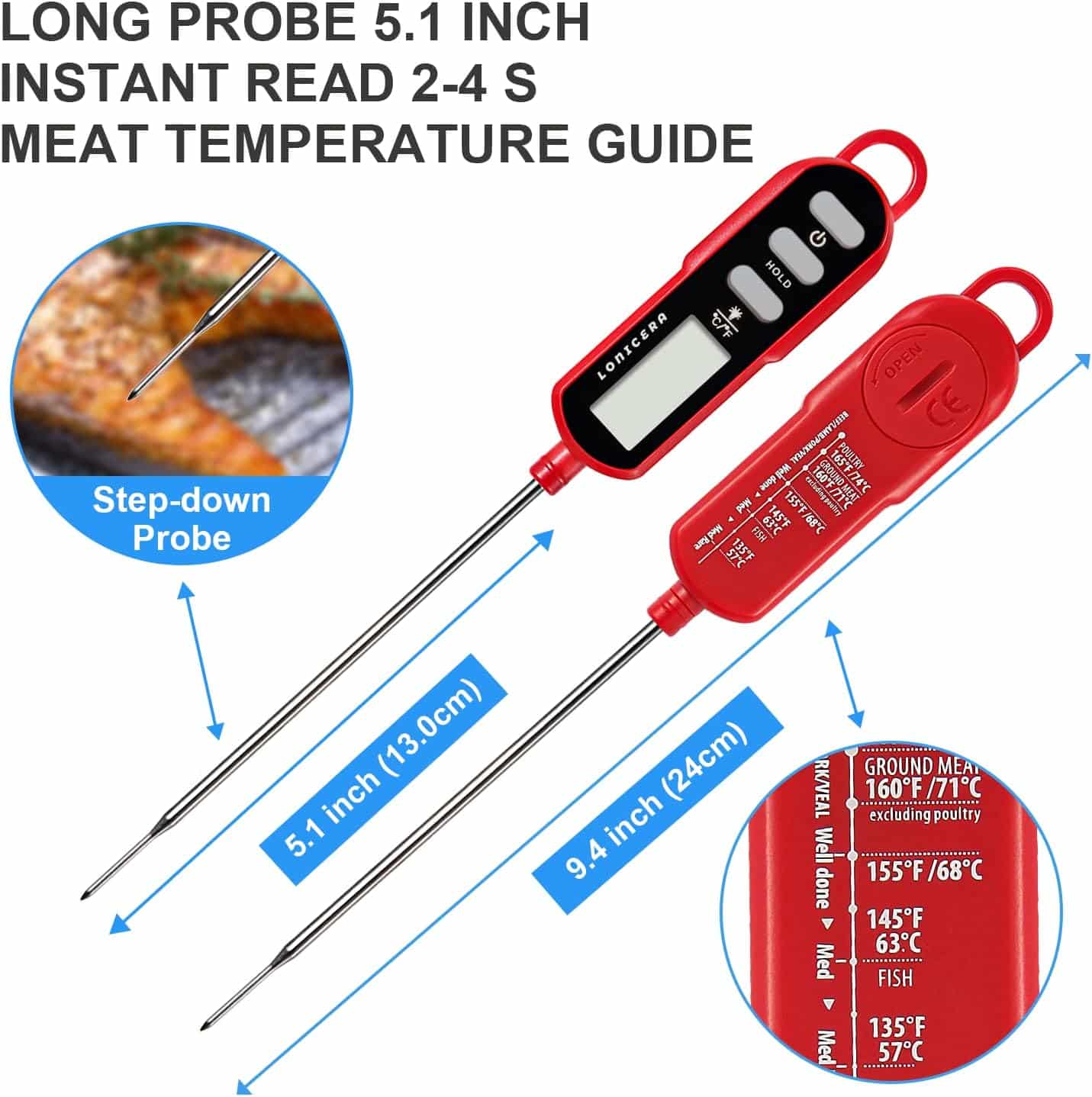 Instant Read Digital Meat Thermometer for Food, Bread Baking, Water and Liquid. Waterproof and Long Probe with Meat Temp Guide for Cooking, Display with Backlit (Red)