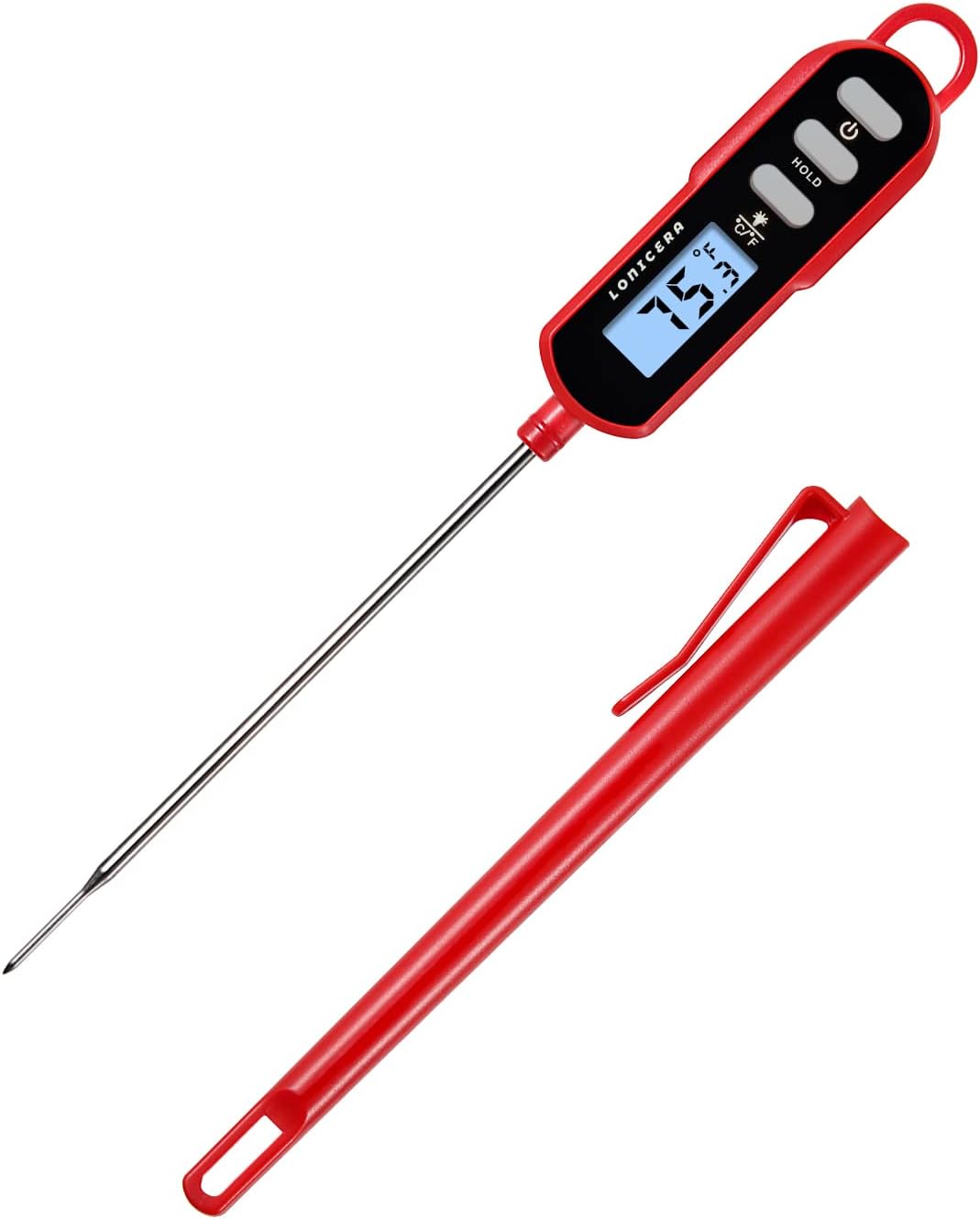 Instant Read Digital Meat Thermometer for Food, Bread Baking, Water and Liquid. Waterproof and Long Probe with Meat Temp Guide for Cooking, Display with Backlit (Red)