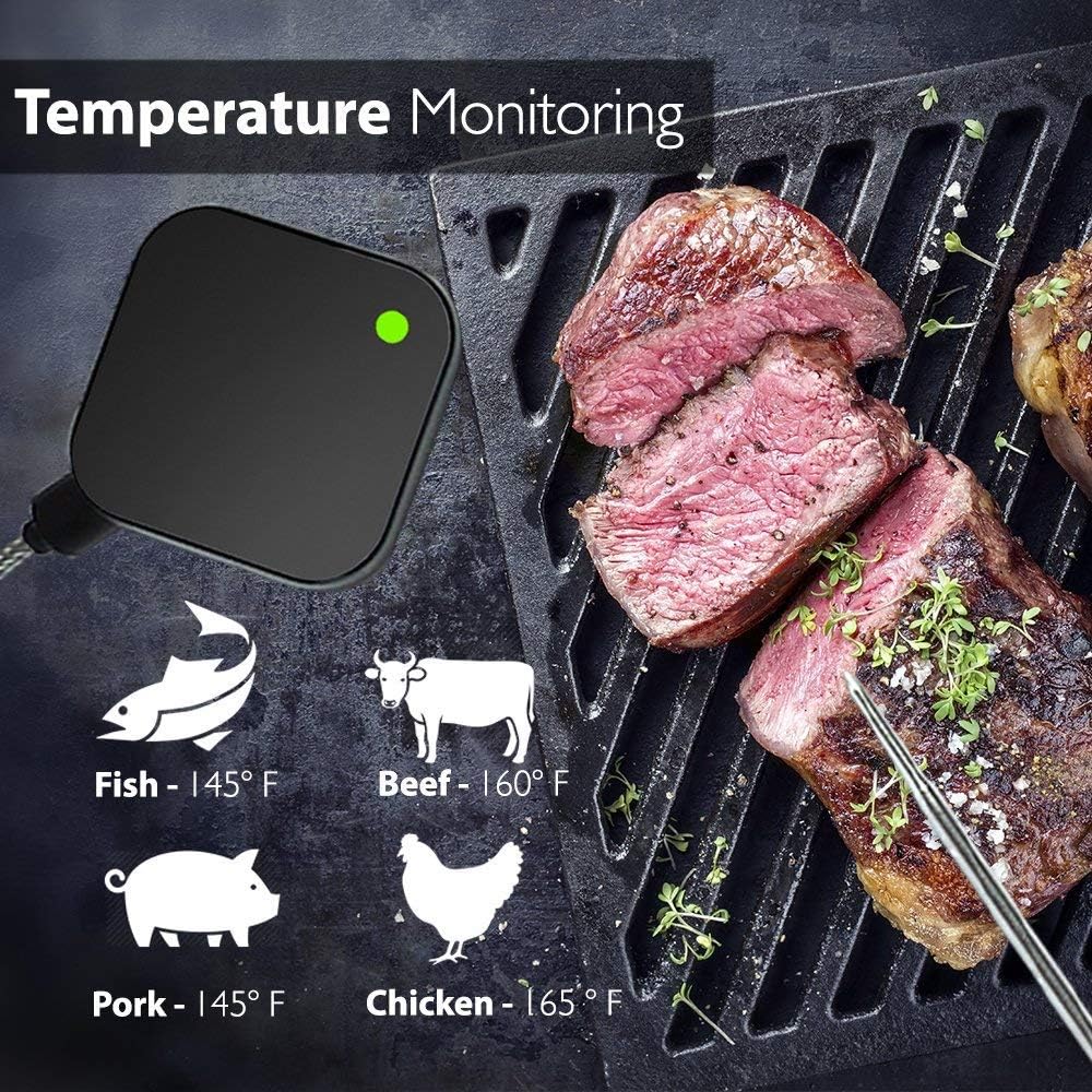 NutriChef Smart Bluetooth BBQ Thermometer - Upgraded Stainless Probe Safe to Leave in Grill, Outdoor Barbecue or Meat Smoker - Wireless Remote Alert iOS Android Phone WiFi App - PWIRBBQ40