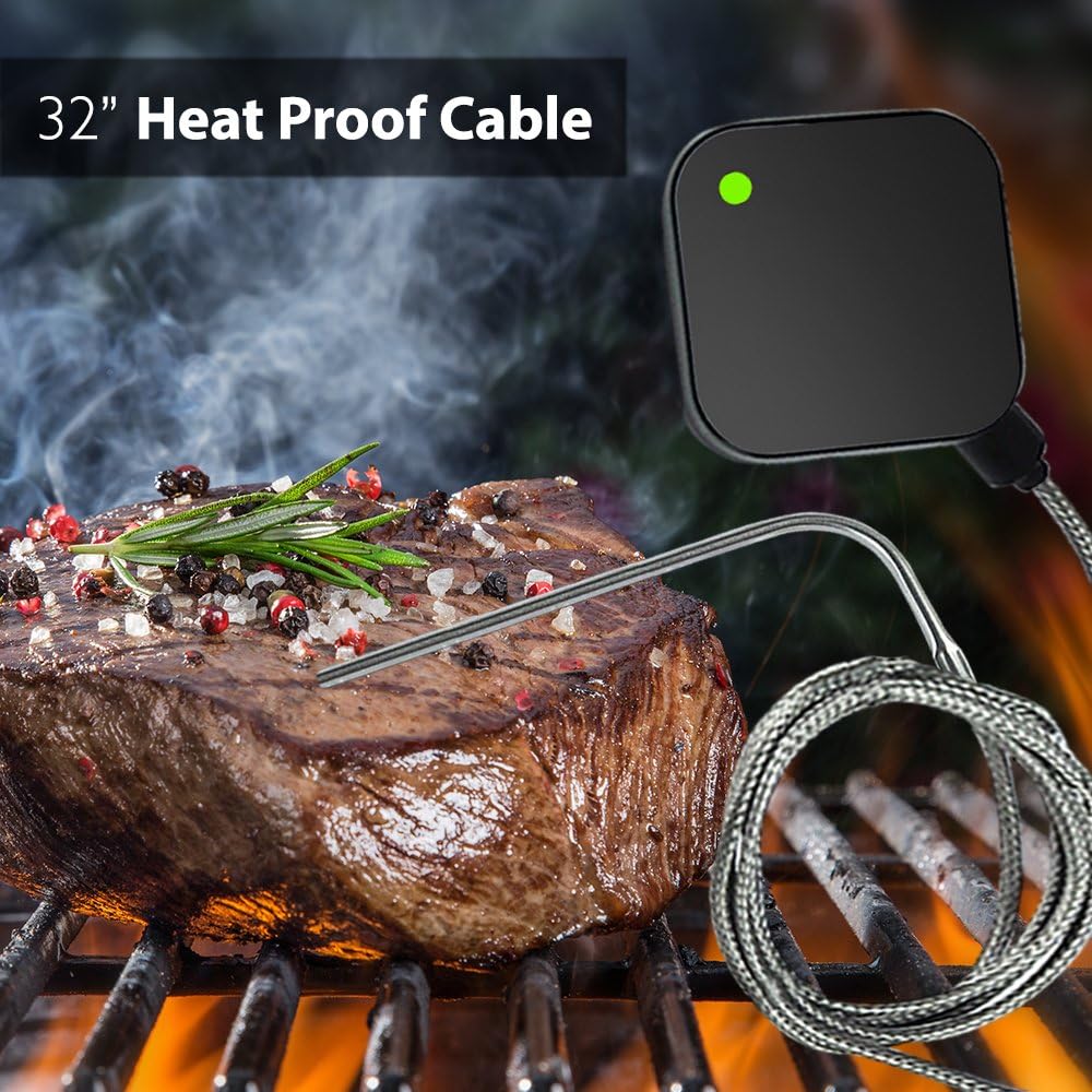 NutriChef Smart Bluetooth BBQ Thermometer - Upgraded Stainless Probe Safe to Leave in Grill, Outdoor Barbecue or Meat Smoker - Wireless Remote Alert iOS Android Phone WiFi App - PWIRBBQ40