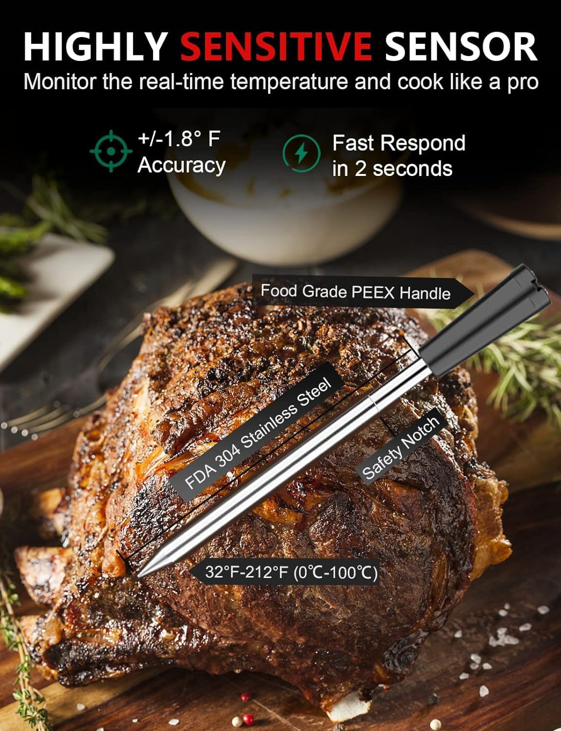 Smart Wireless Meat Thermometer - 165 Ft Ultra-Long Wireless Range Bluetooth Meat Thermometer Digital with 2 Ultra-Thin Probe - Food Cooking Thermometer for BBQ Oven Smoker Rotisserie Sous Vide