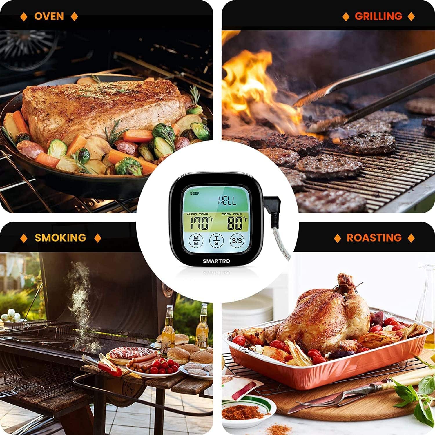 SMARTRO ST59 Digital Meat Thermometer for Oven BBQ Grill Kitchen Food Cooking with 1 Probe and Timer, LCD