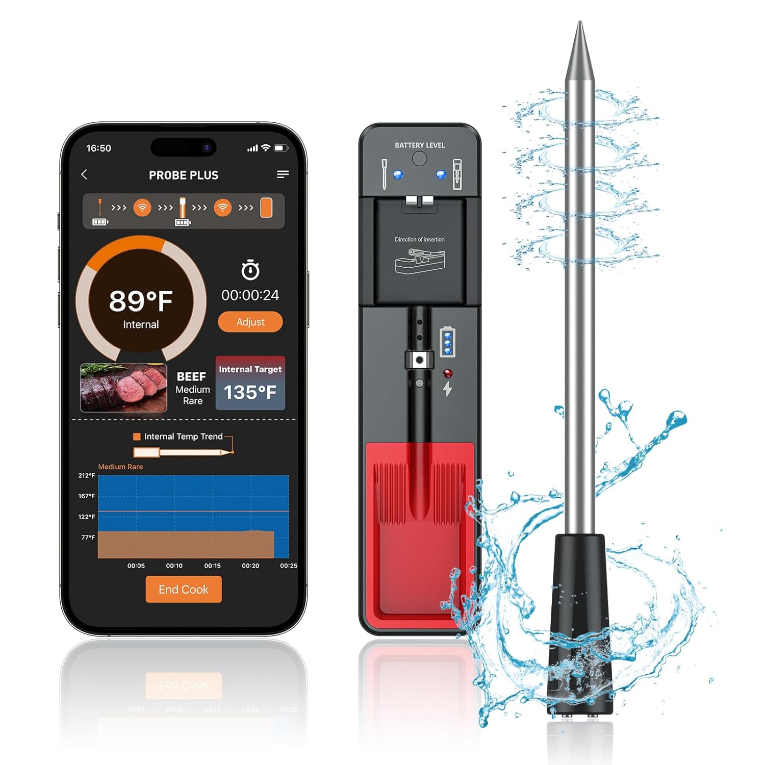 Wireless Meat Thermometer with Bluetooth, 360 ft Smart Meat Thermometer for Oven Safe,for BBQ, Grill, Kitchen, Smoker, Sous Vide, iOS  Android App Compatible