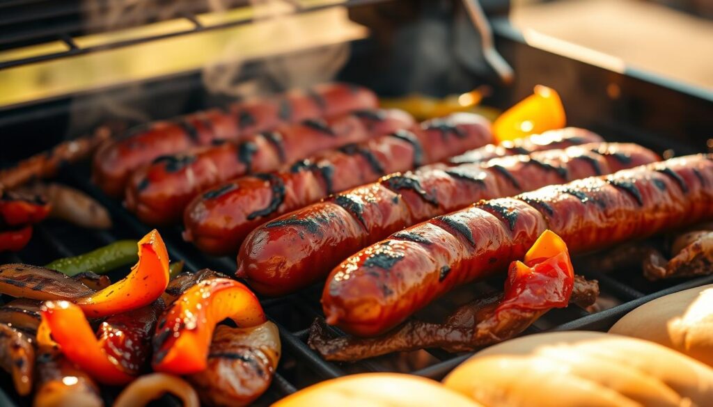 BBQ sausages with grilled peppers and onions