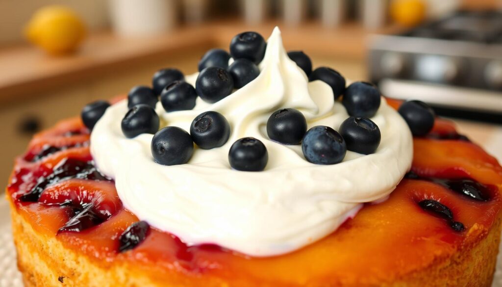 blueberry upside down cake with lemon whipped cream