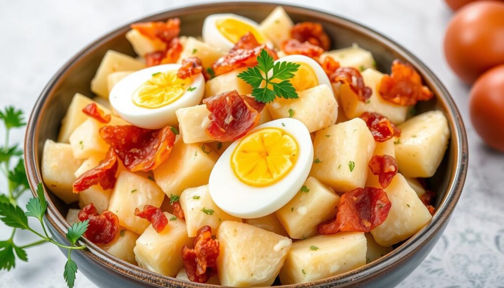 homemade potato salad with bacon and eggs